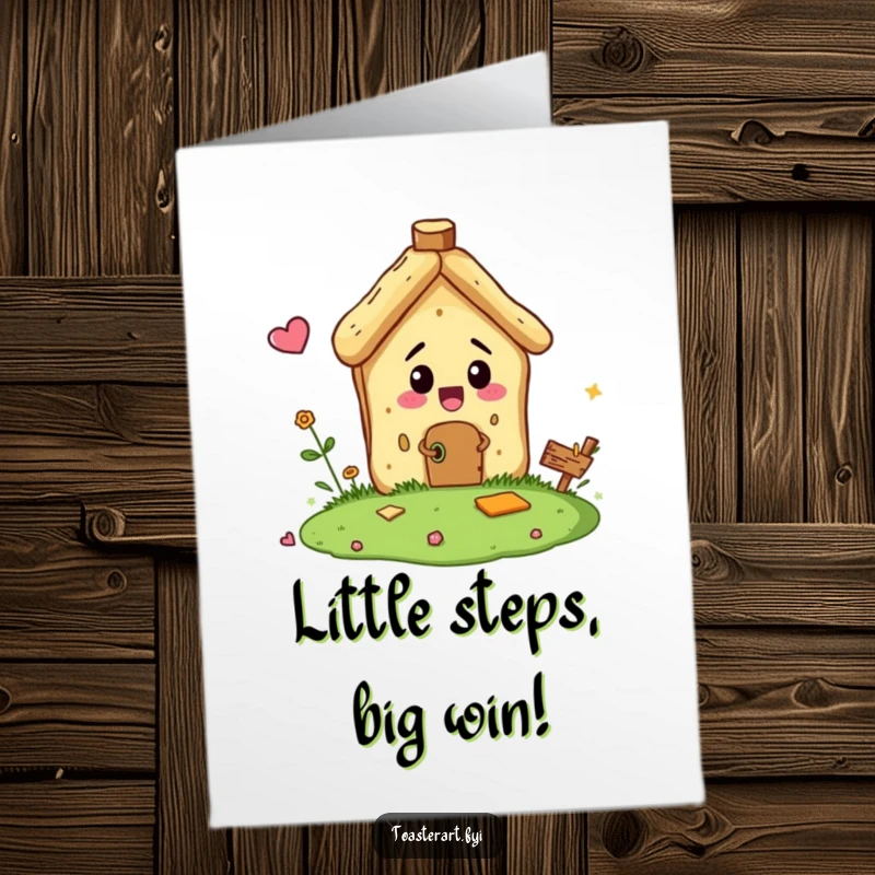 Funny Free Printable Congratulations Card: A bread crumb character diligently attempts to build a miniature house, celebrating a new foundation.