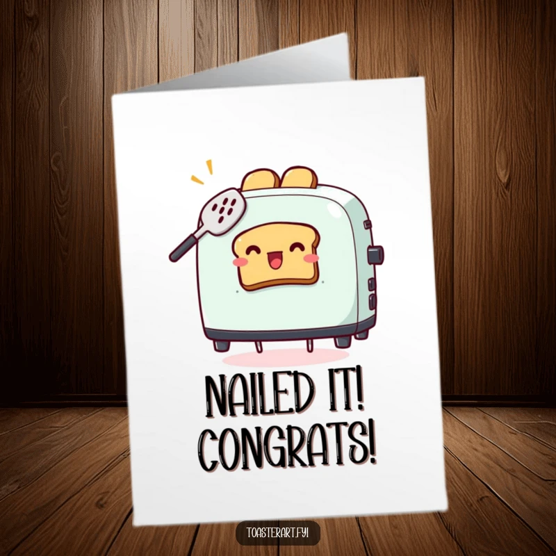 Funny Free Printable Congratulations Card: A toaster character comically attempts to catch flying toast with a spatula, a chaotic celebration.