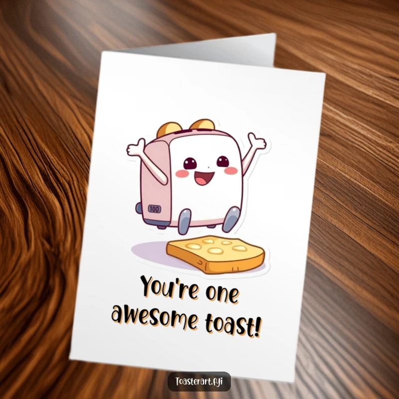 Funny Free Printable Congratulations Card: A happy toaster leaps with pure joy onto a slice of toast, celebrating success.