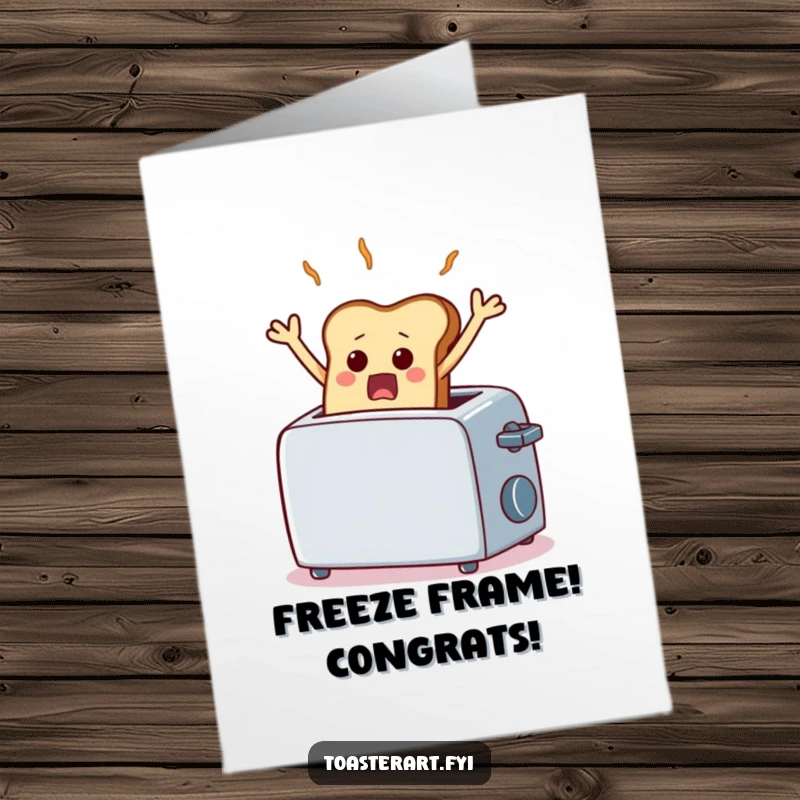 Funny Free Printable Congratulations Card: A scared piece of toast comically freezes mid-air, surprised by its toaster launch.