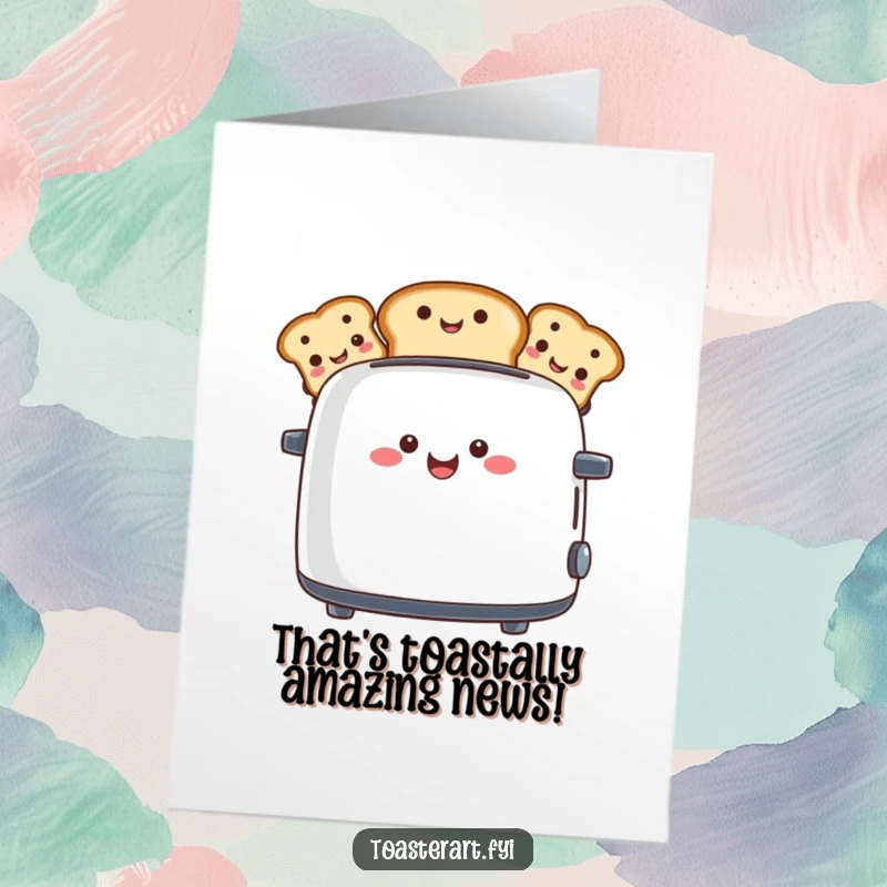 Funny free printable congratulations card showing a jubilant toaster character presenting toast with happy faces, signifying a win.