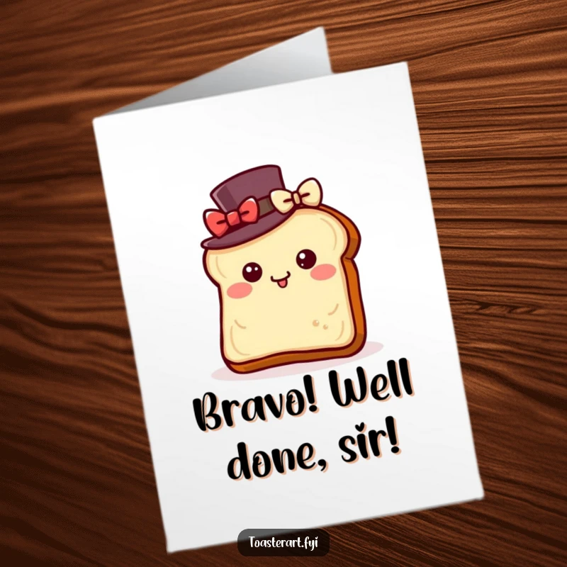 Free Printable Congratulations Card: Toast slice in a top hat bowing gracefully, celebrating a grand success.