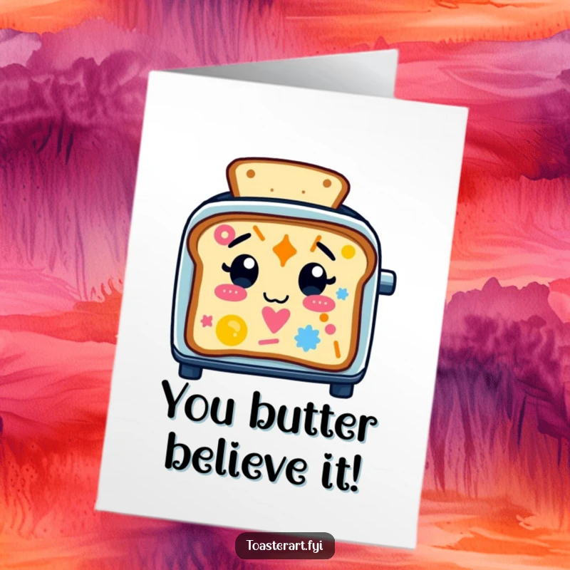 Funny Free Printable Congratulations Card: Whimsical toaster character making colorful toast patterns, celebrating achievements with joy.