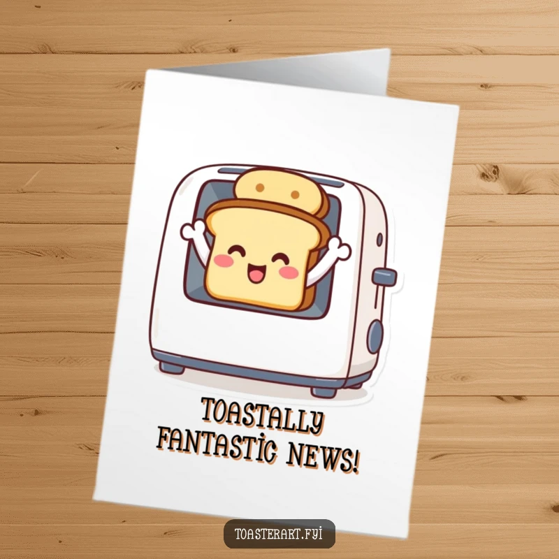 Funny free printable congratulations card: A delighted toast character waving enthusiastically from within a cozy toaster.