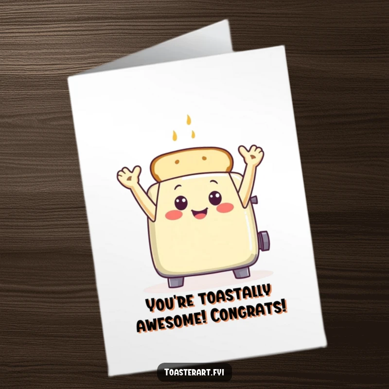 Free Printable Congratulations Card: A happy toaster character waves enthusiastically with toast arms, celebrating a big achievement.