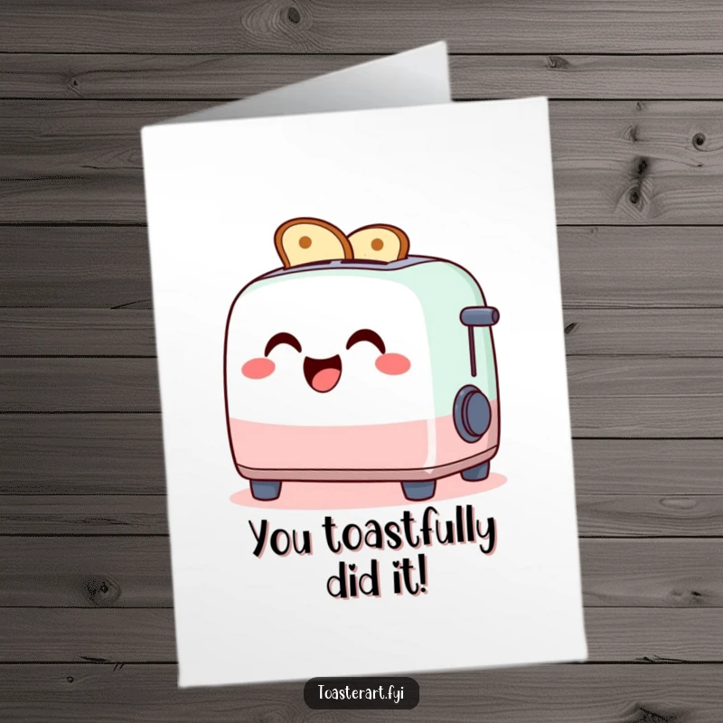 Funny free printable congratulations card: A giggling toaster character artistically popping out toast creations from its slots.