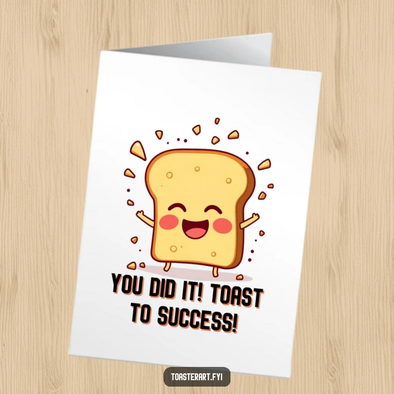 Funny Free Printable Congratulations Card: A giggling toast character celebrates with a crumb explosion confetti.