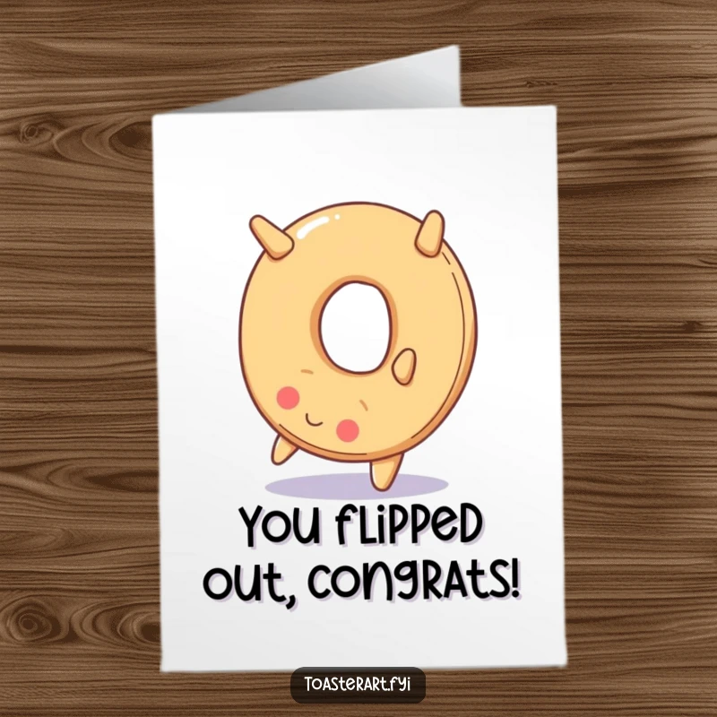 Funny Free Printable Congratulations Card showing a smiling bagel mid-somersault, a perfect downloadable gift for any occasion.