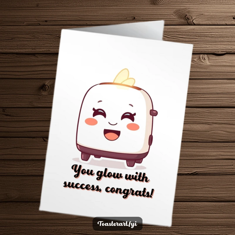 Funny Free Printable Congratulations Card with a delighted toaster character emitting a warm glow and a friendly smile.