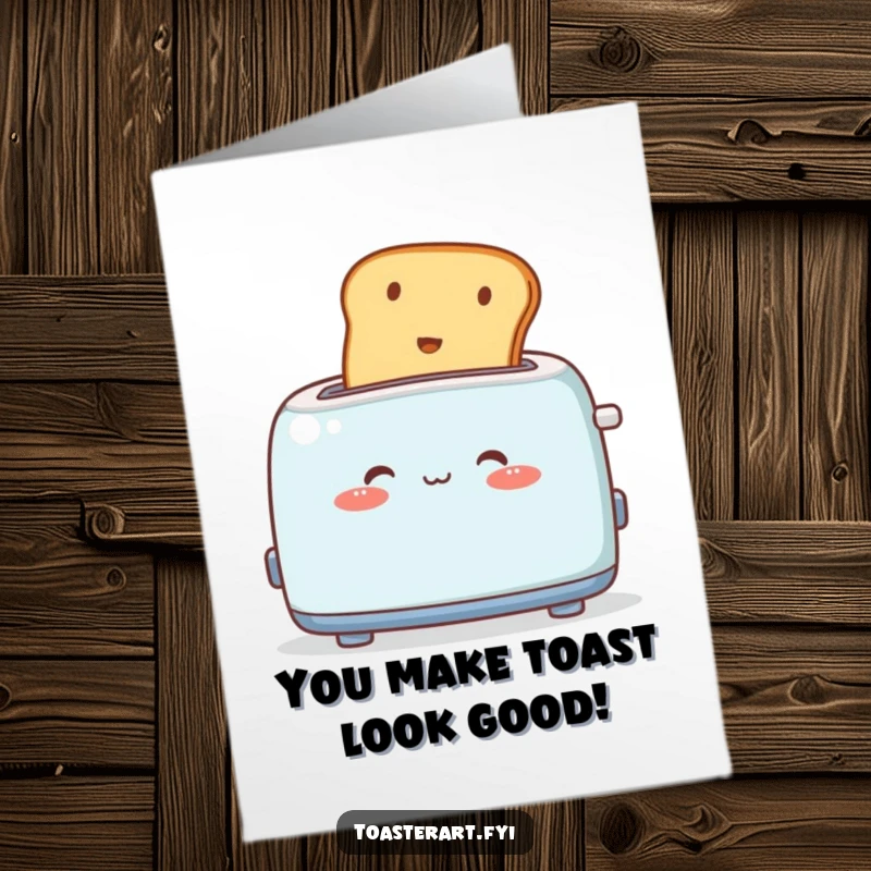 Funny Free Printable Congratulations Card: A cute toaster character blushes intensely as toast pops out, feeling proud yet shy.