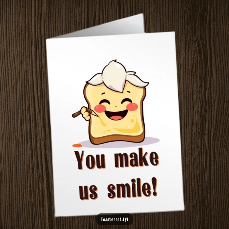 Funny Free Printable Congratulations Card: A happy art brush character cheerfully painting a smiley face on toast, celebrating achievements.