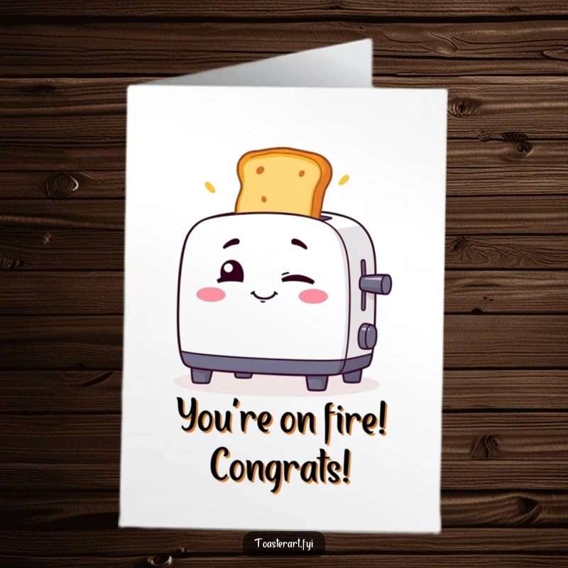 Free Printable Congratulations Card: A winking toaster character playfully launches toast, celebrating your success with a mischievous flair.