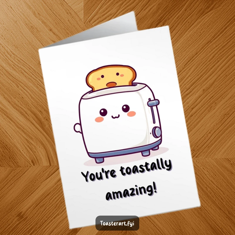 Funny free printable congratulations card featuring a playful toaster character holding up a toast with a big smiley face.