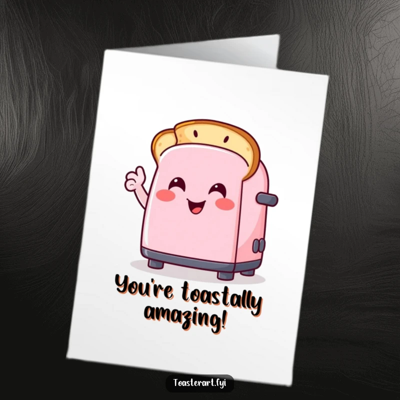 Free Printable Congratulations Card: Humorous toaster character creating smiley toast art, perfect for celebrating wins.
