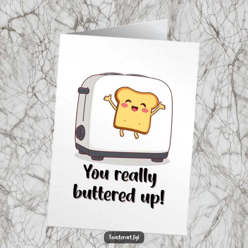 Funny Free Printable Congratulations Card featuring a delighted bread slice character joyfully bouncing on a toaster lever.