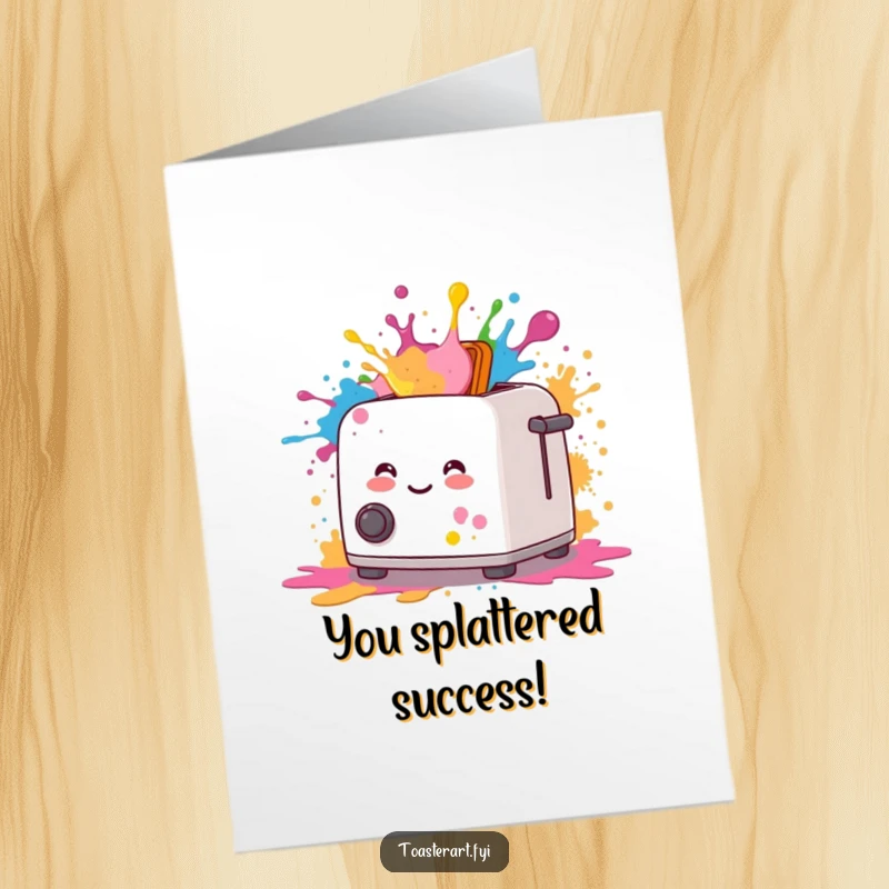 Funny Free Printable Congratulations Card with a smiling toaster joyfully emitting vibrant, artistic paint splatters. Celebration art.