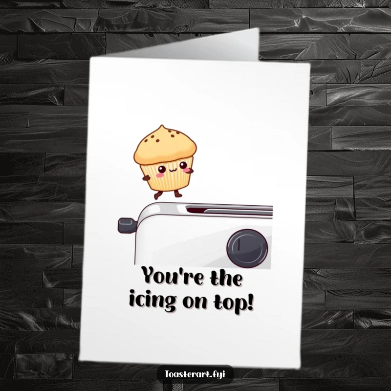 Funny Free Printable Thank You Card: A kawaii muffin character balances carefully on a toaster edge, sending adorable gratitude.