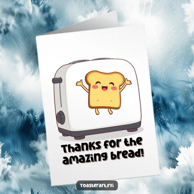 Funny Free Printable Thank You Card showing a delighted bread slice character bouncing gleefully on a toaster lever.