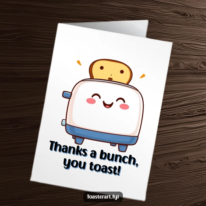 Funny Free Printable Thank You Card: Grinning toaster character popping up toast with energetic gratitude, saying thanks with a smile.