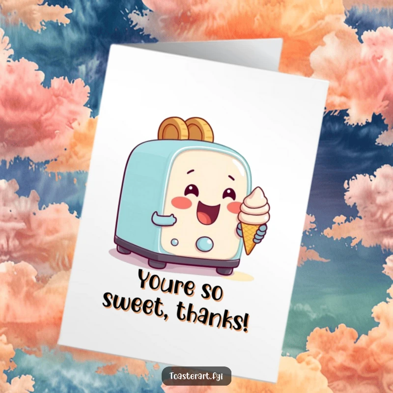 Funny Free Printable Thank You Card: Happy toaster attempting to bake a tiny ice cream cone, a delightfully silly way to show appreciation.