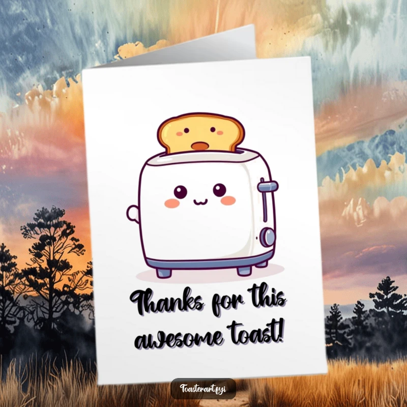 Funny free printable thank you card with a playful toaster character presenting a piece of toast that has a smiley face.