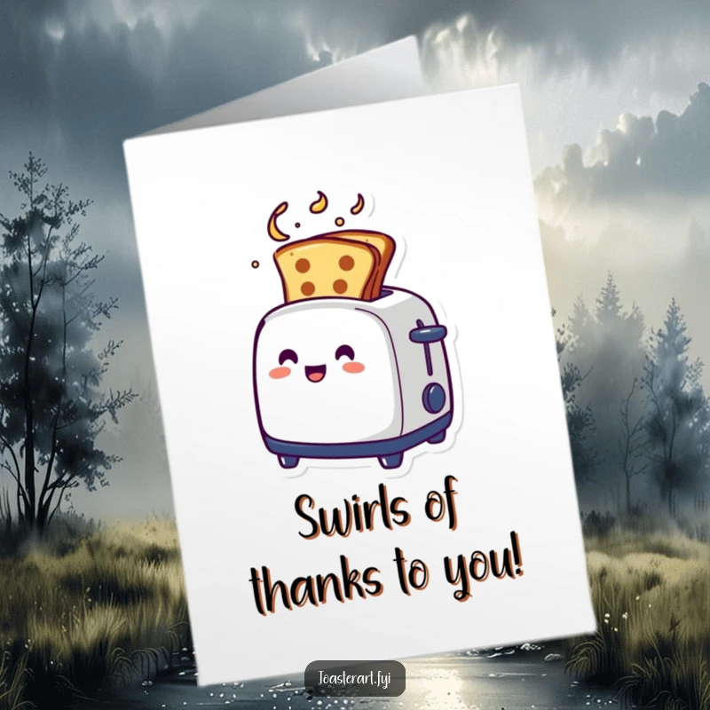 Funny Free Printable Thank You Card showing a toaster with artistic toast emerging in a swirl, a creative expression of gratitude.