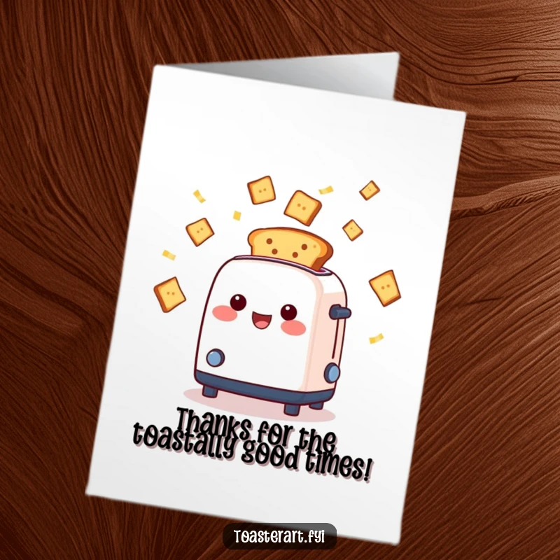Funny Free Printable Thank You Card with a cheerful toaster character ejecting toast slices like confetti.