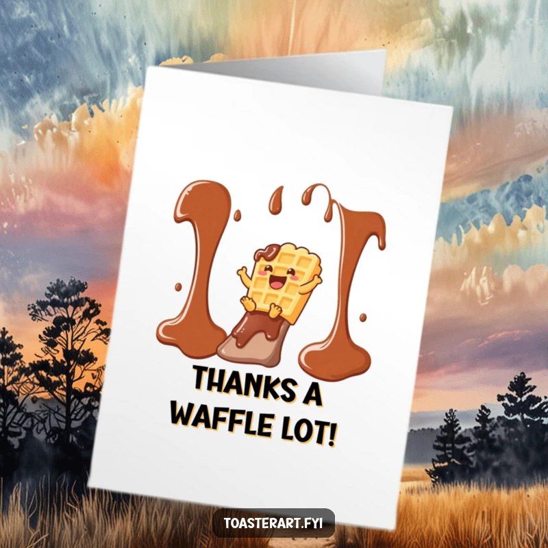Funny Free Printable Thank You Card: Cheerful waffle character enjoying a chocolate syrup slide, expressing sweet gratitude.