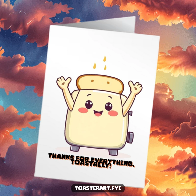Funny Free Printable Thank You Card: A smiling toaster character waves with toast arms, sending warm gratitude and appreciation.