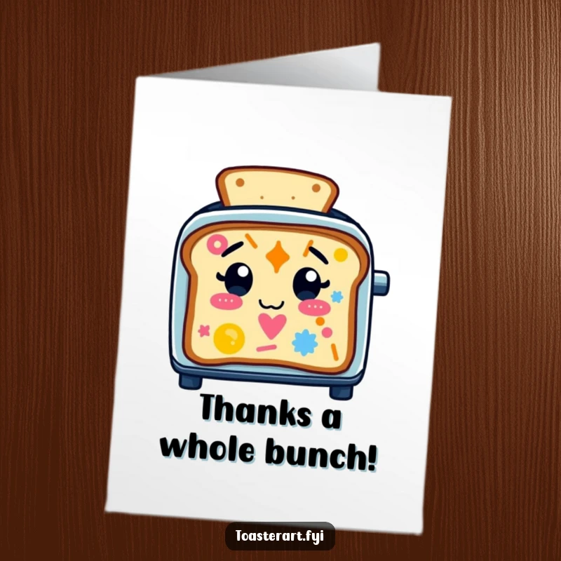 Funny Free Printable Thank You Card: A delightful toaster character crafting colorful toast designs, expressing thanks with humor.