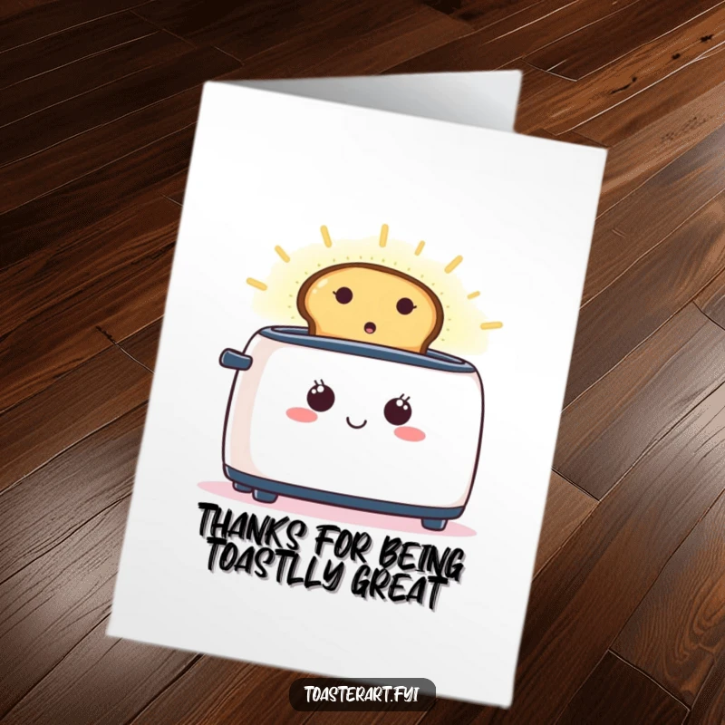 Funny Free Printable Thank You Card featuring a happy toaster whose toast emits a soft, glowing aura of appreciation.