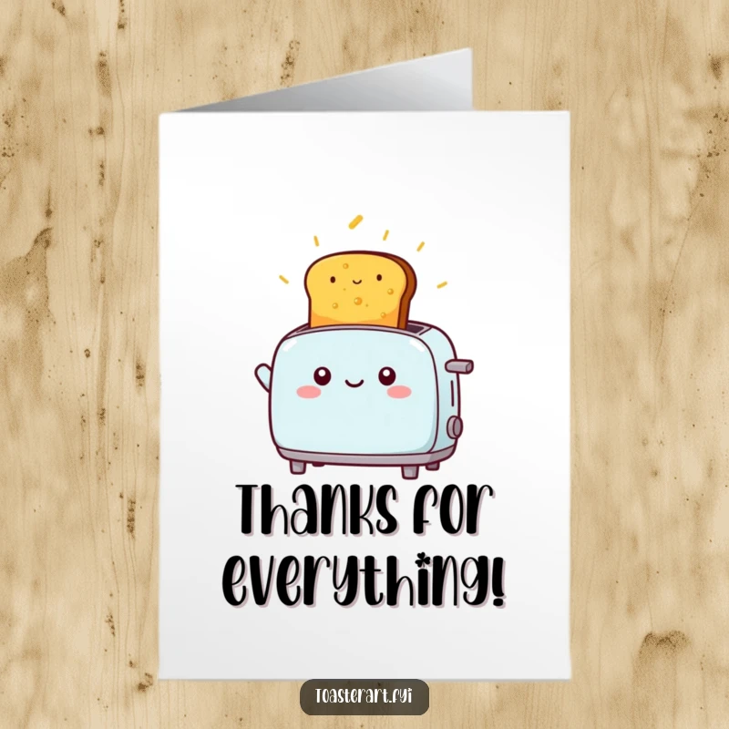 Funny free printable thank you card featuring a kawaii toaster character gleefully launching golden toast upwards.