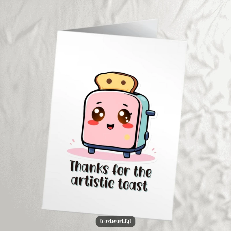 Funny Free Printable Thank You Card: A toaster character with glowing eyes comically creating abstract toast art, a unique expression.