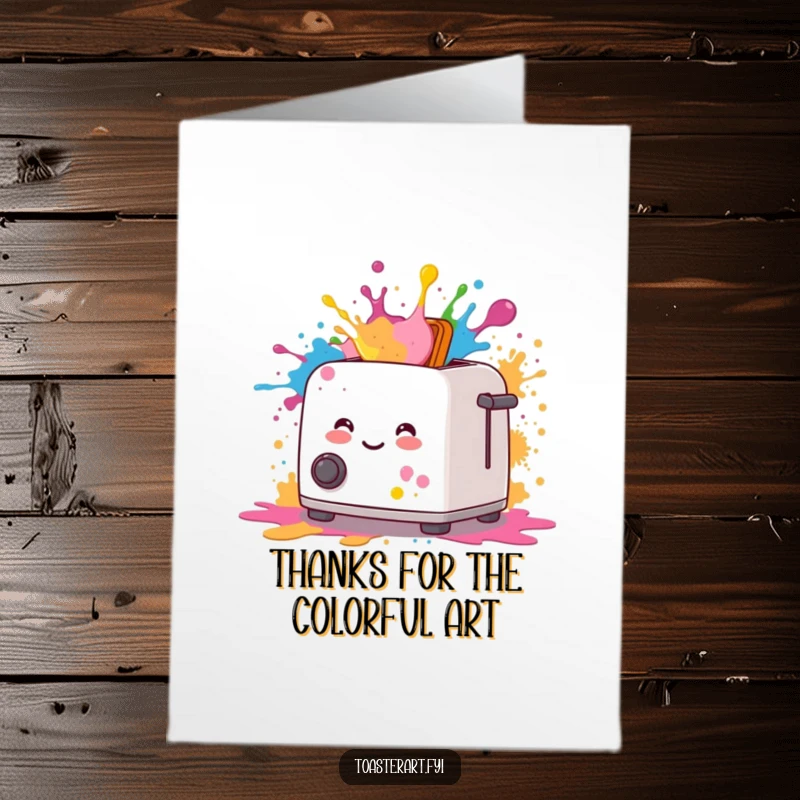 Funny Free Printable Thank You Card featuring a smiling toaster leaving behind bright, cheerful paint splatters. Artistic thanks.