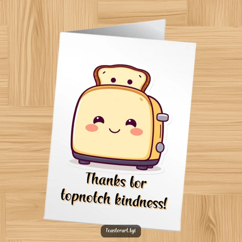 Funny Free Printable Thank You Card of a smiling toaster character humorously wearing a piece of toast as a hat.