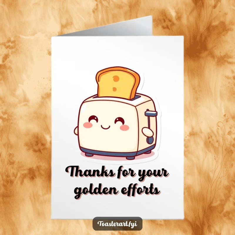 Funny free printable thank you card with a smiling toaster character ejecting a perfectly golden slice of toast, conveying thanks.