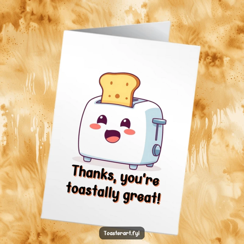 Funny free printable thank you card with a cheerful toaster character ejecting toast with a look of pure surprise.