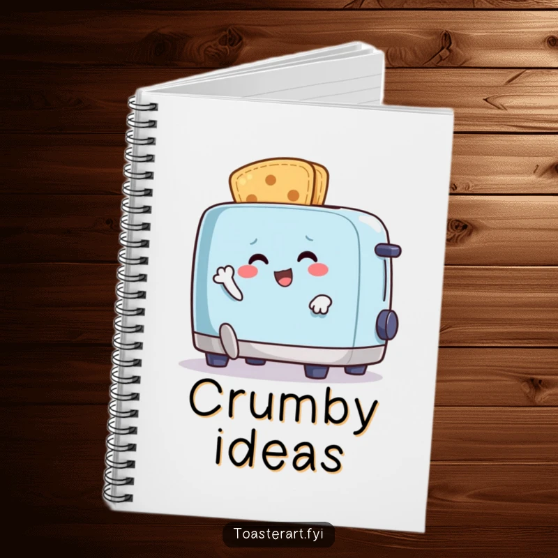 Funny notebook with a happy crumb character comically running from an animated toaster, for jotting down chaotic ideas.