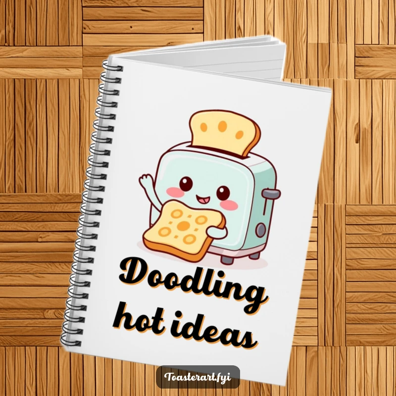 Funny notebook cover with a cheerful toaster character creating art by toasting patterns onto bread, perfect for sketching and creative notes.