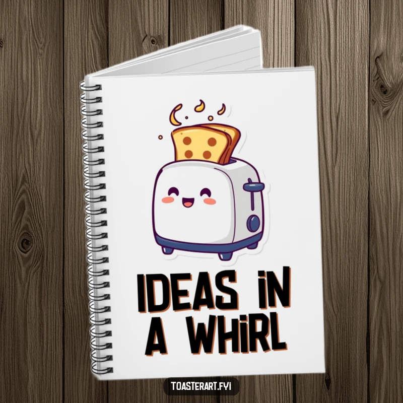 Funny artistic toaster notebook, toast emerging in a swirl, for creative writing and drawing.