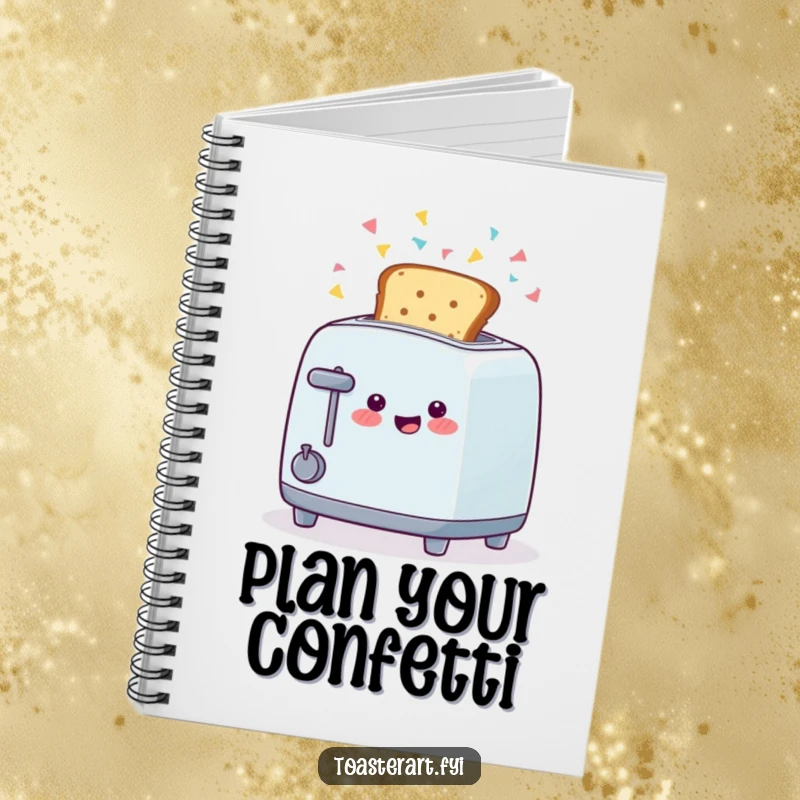 Funny notebook with a happy toaster character ejecting toast with confetti, perfect for jotting down ideas with celebration.
