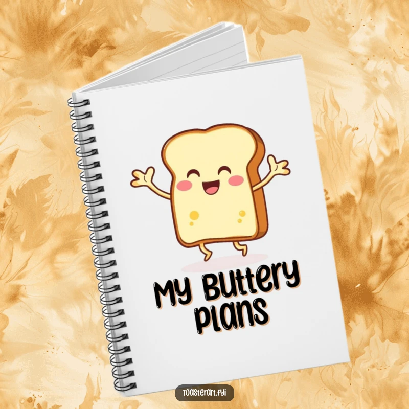 Funny slice of toast dancing energetically with buttery arms, notebook cover, ideal for capturing cheerful thoughts and creative inspiration.