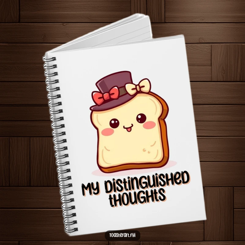 Funny notebook cover with a toast slice wearing a top hat, bowing with delight, perfect for journaling and elegant notes.