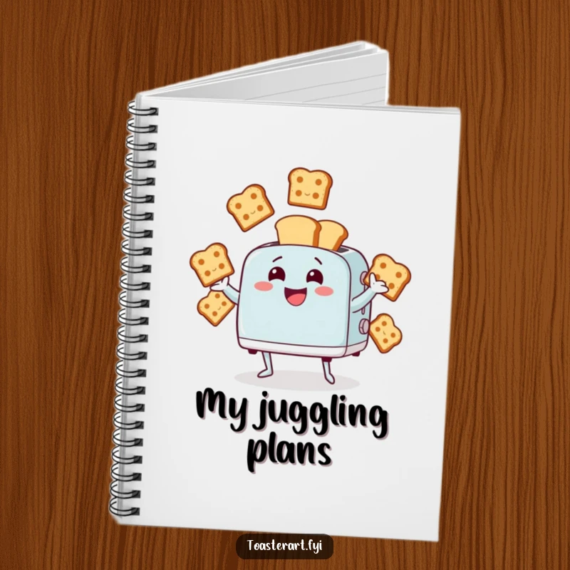 Funny notebook with a giggling toaster character juggling bread slices on the cover. Great for notes and journaling.