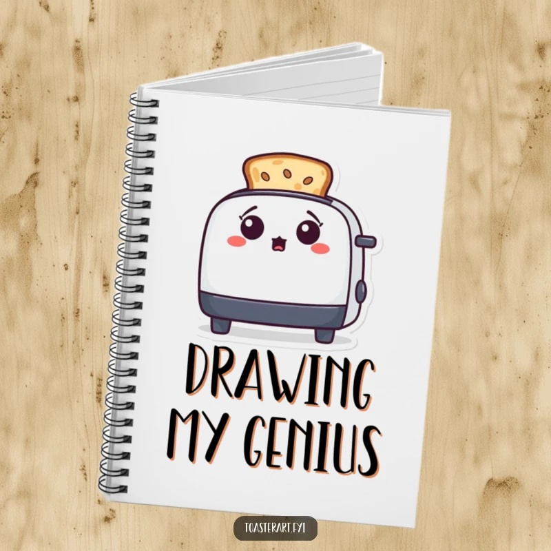 Funny toaster character surprised by toast art on the cover of a notebook, encouraging creative and artistic note-taking.
