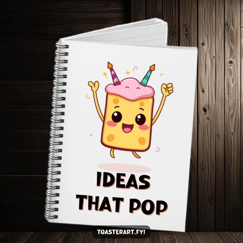 Funny toast notebook featuring a jumping character in a celebratory pose, ideal for note-taking with a touch of festive fun.