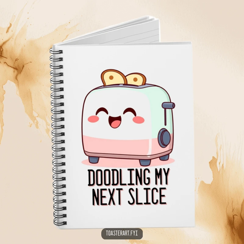 Funny notebook with a giggling toaster character making toast art, perfect for notes and journaling.