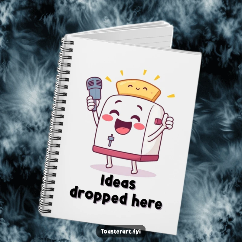 Funny, excited toaster character in a mic drop pose with toast on the cover of a notebook, encouraging triumphant idea capture.