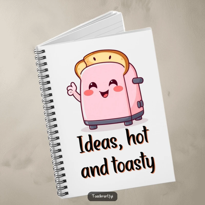 Funny notebook cover with a happy toaster character drawing a smiley face on toast, perfect for journaling and creative writing.
