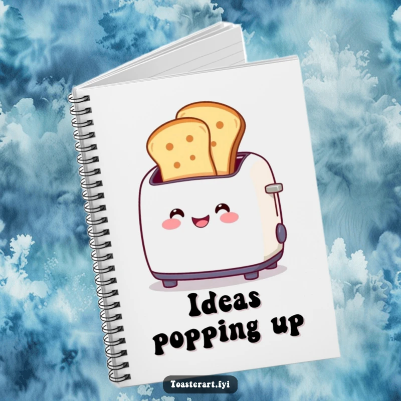 Funny notebook cover showing a smiling toaster character popping out toast slices, inspiring cheerful and creative note-taking.